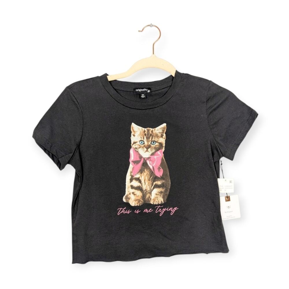 NWT Originality Washed Black Cat Bow Short Sleeve Cropped Tee Size M
